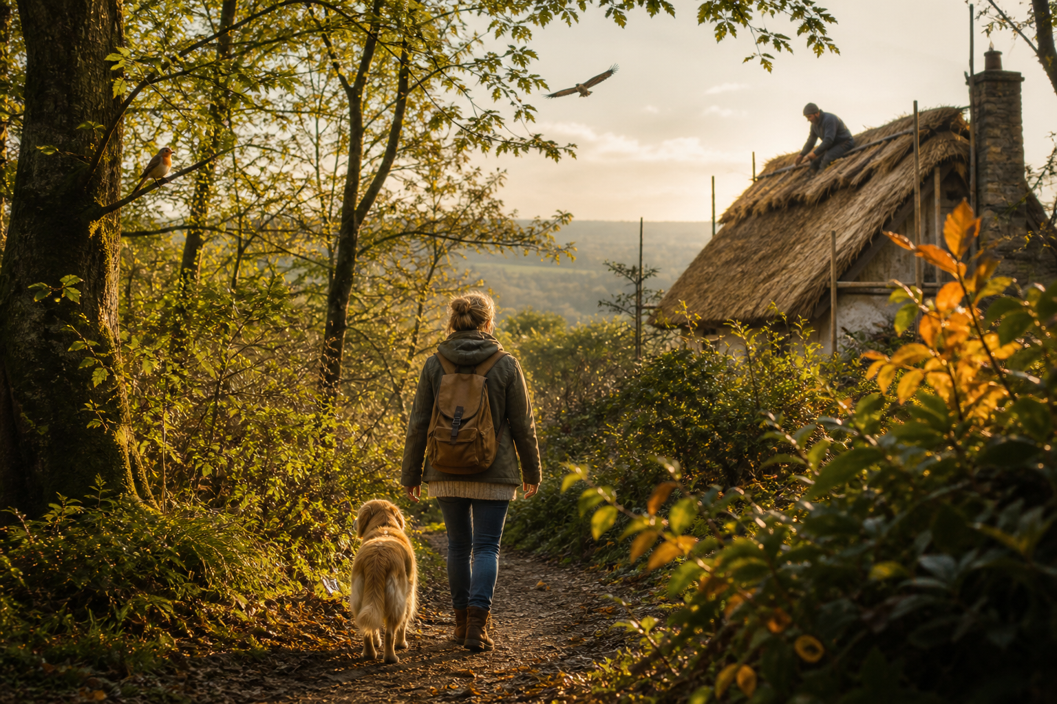 Woman walking with a dog along a woodland path past a thatched cottage at sunset